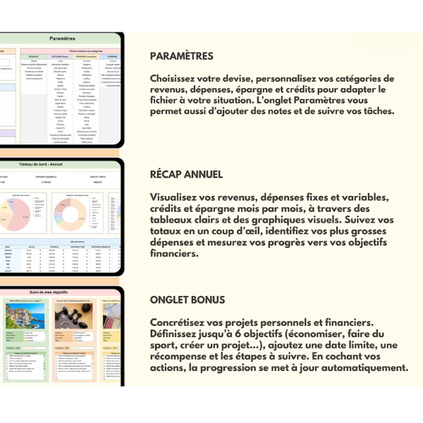 Budget mensuel & annuel – Suivi finances & épargne (Excel / Sheets)