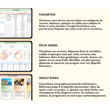 Budget mensuel & annuel – Suivi finances & épargne (Excel / Sheets)