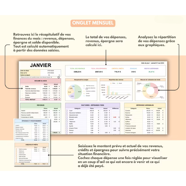 Budget mensuel & annuel – Suivi finances & épargne (Excel / Sheets)