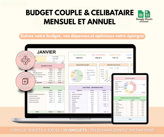 Budget mensuel & annuel – Suivi finances & épargne (Excel / Sheets)